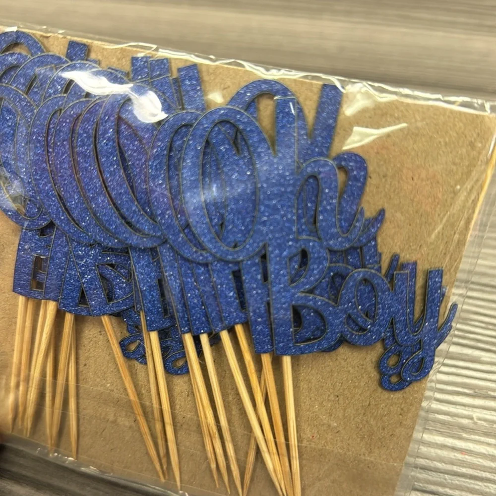 Oh Boy, blue glitter Cupcake toppers all new blue onesie with silver bow tie